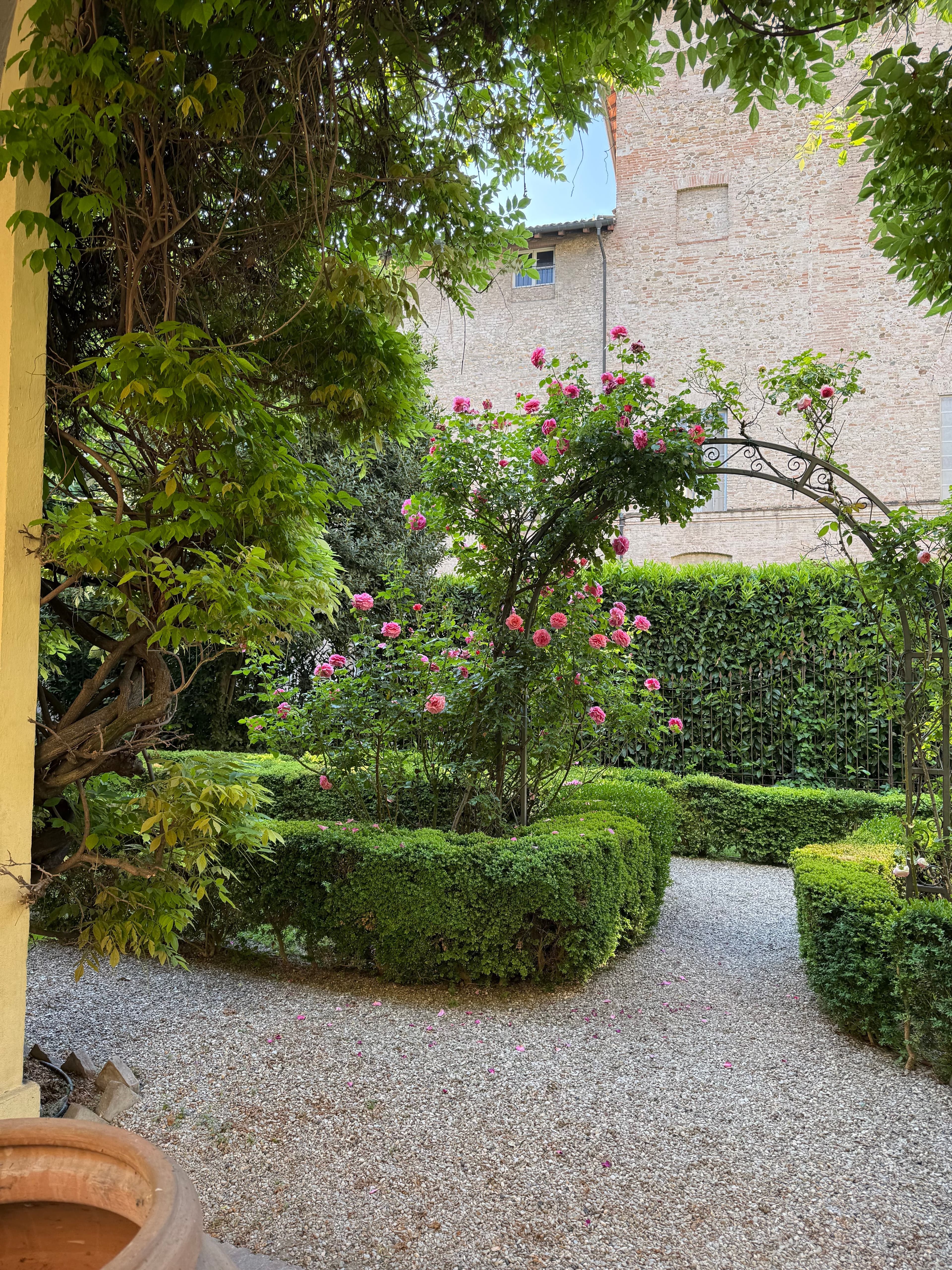 Giardino interno con siepi geometriche e rose rampicanti